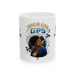 A detailed portrait of a confident Black woman on a ceramic mug with "Trailblazer GPS" text, inspiri.