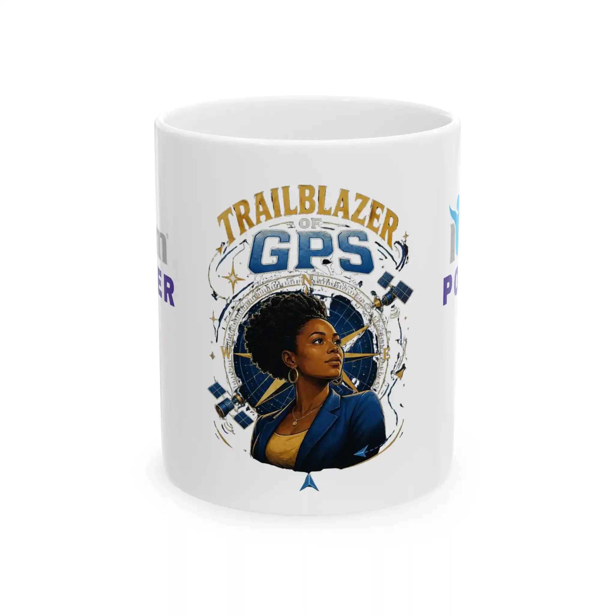 1047000291218860168_2048.webp A detailed portrait of a confident Black woman on a ceramic mug with "Trailblazer GPS" text, inspiri.