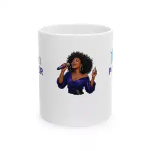Empowering Black singer on "I Am Power" coffee mug, 11oz/15oz, celebrating strength and confidence.