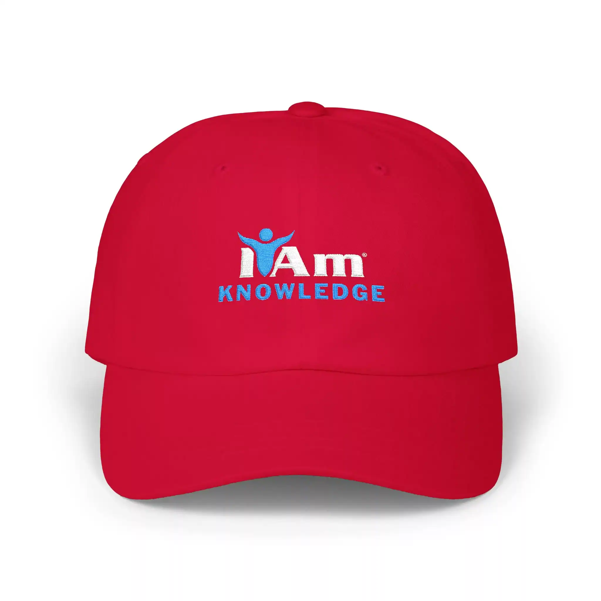 11700305387155976453_2048.webp Embroidered red baseball cap with 'I Am Knowledge' logo and slogan for educational and motivational.
