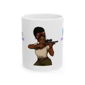 Protective woman aiming rifle ceramic mug with "I Am Protection" message for defenders.