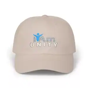 Embroidered "I Am Unity" dad cap with logo, stylish baseball hat for unity and community support.