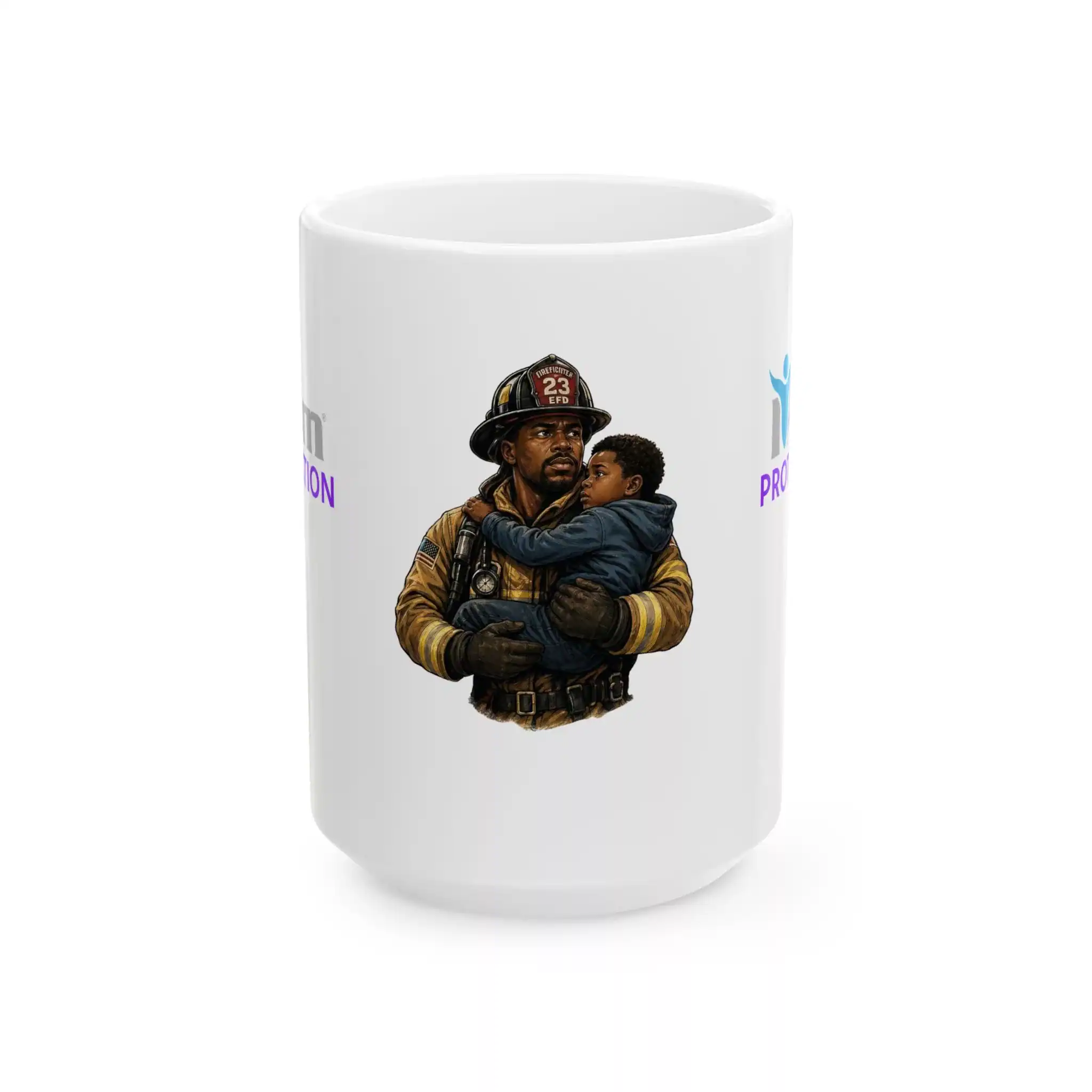 14099154241382720455_2048.webp Rescue firefighter holding child ceramic mug, "I Am Protection" design, 11oz/15oz, perfect for fire.