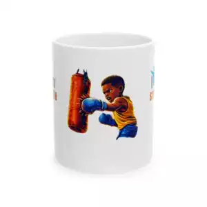 Empowering boxing-themed ceramic mug with motivational "Hit It Everyday" message for strength and re.