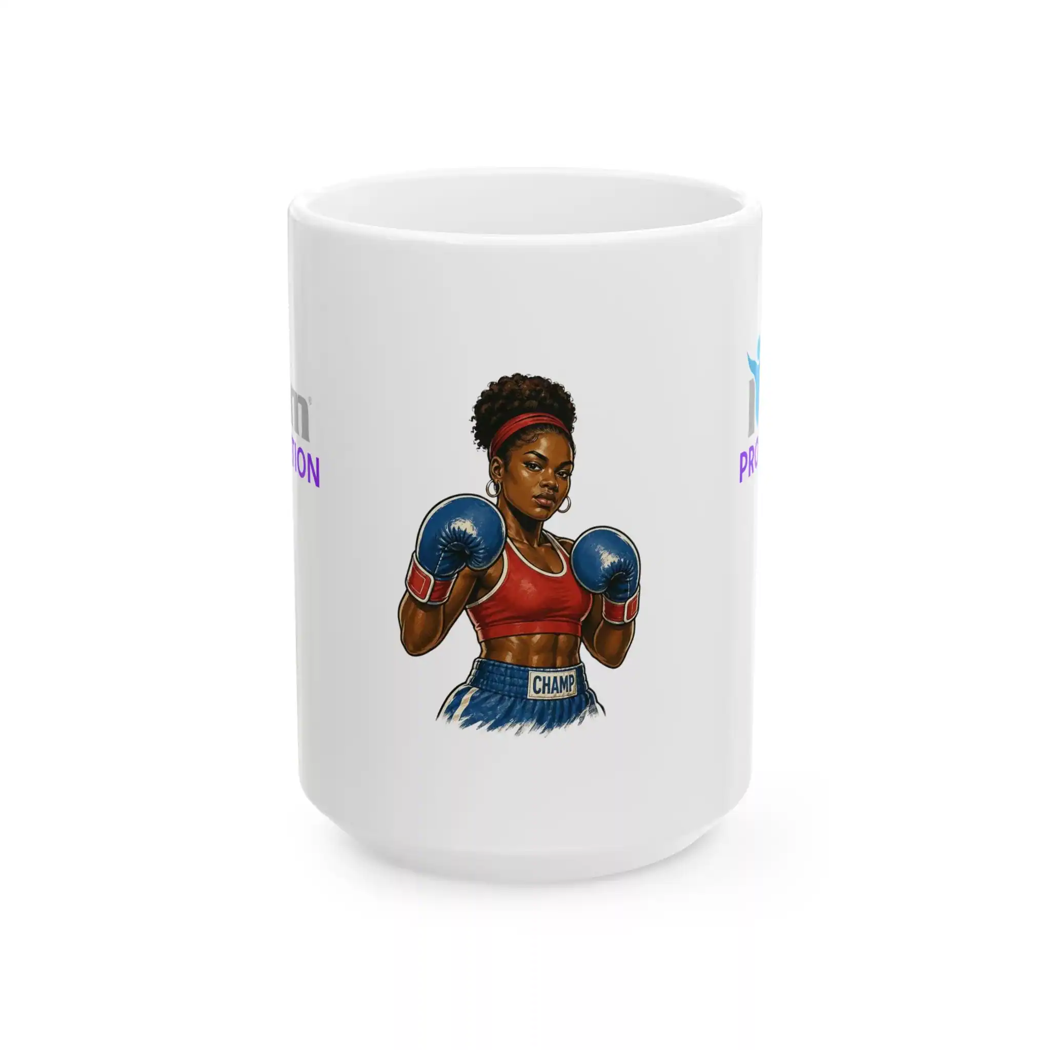 15411885046415462804_2048.webp Empowered woman boxer illustration on ceramic mug, symbolizing strength and protection.