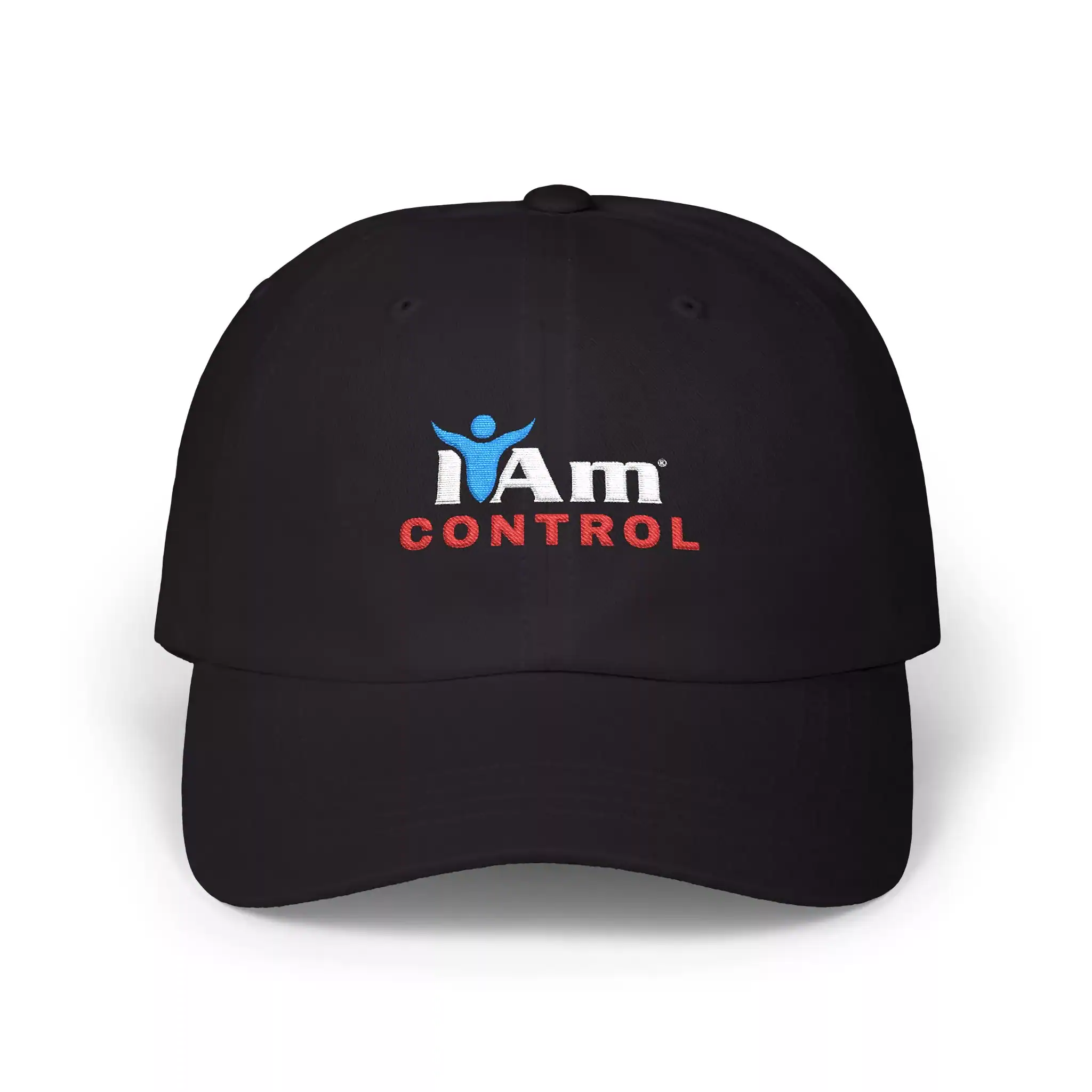15865415550878927158_2048.webp Black embroidered baseball cap with "I Am Control" logo, perfect for casual wear and branding.
