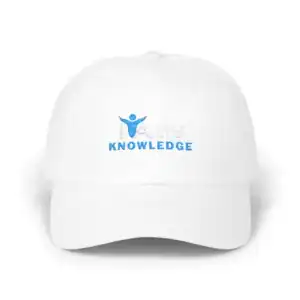 Embroidered 'Knowledge' logo baseball cap with a white design and blue text.