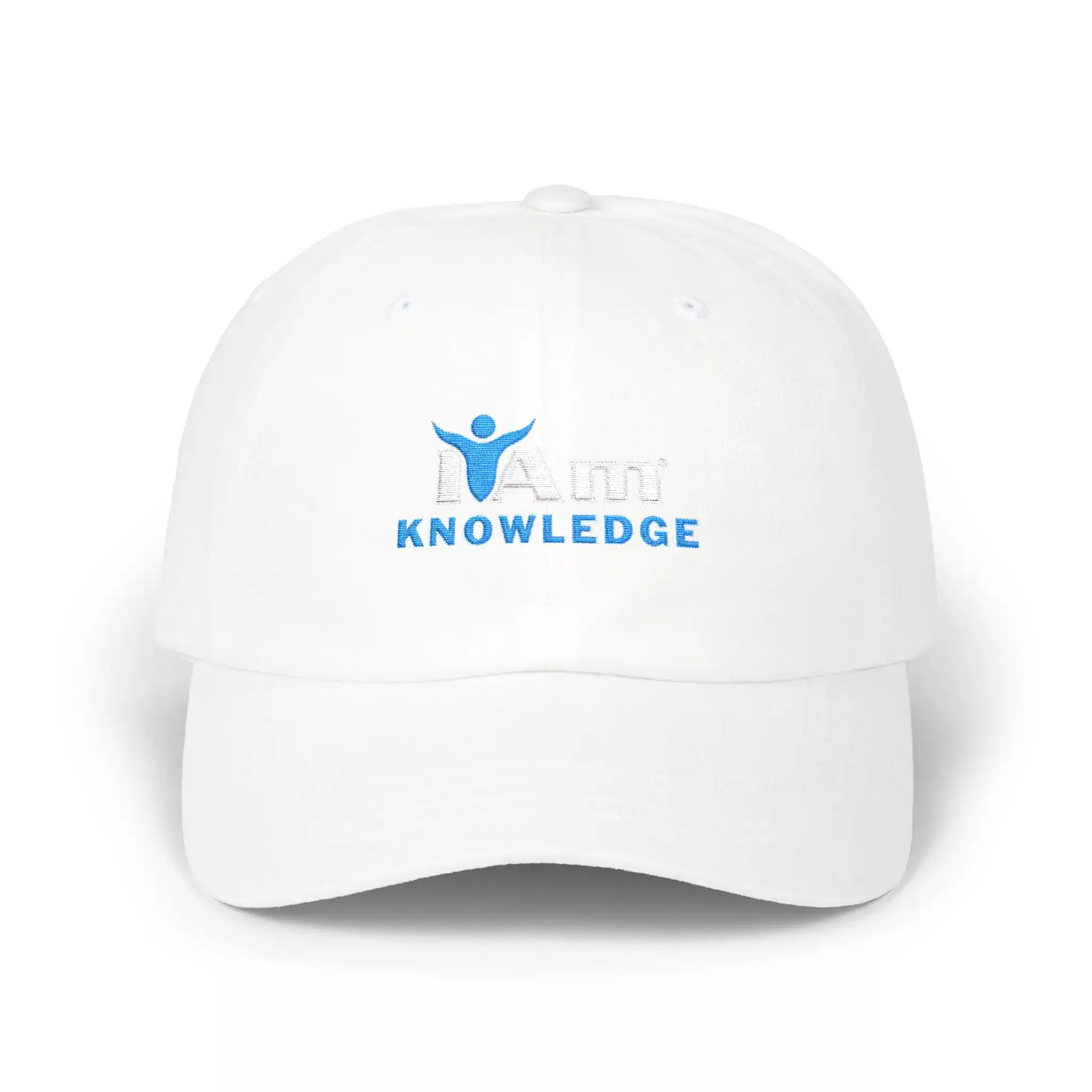 17200099839288884141_2048.webp Embroidered 'Knowledge' logo baseball cap with a white design and blue text.