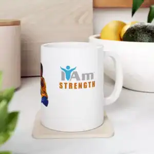 Empowerment ceramic mug with "I Am Strength" motivational message, perfect for daily inspiration and.