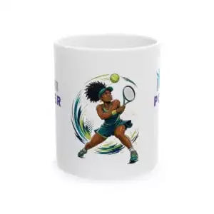 Tennis-themed coffee mug featuring a powerful Black female tennis player illustration. Perfect for s.
