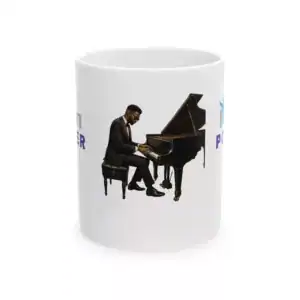 Black musician playing grand piano on "I Am Power" coffee cup, celebrating Black music and artistic.