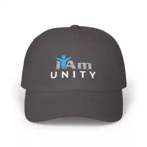 Bold embroidered "I Am Unity" logo on a stylish dad cap, perfect for casual wear and promoting unity.