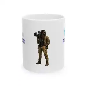 Empowered filmmaker with camera on coffee mug, "I Am Power" message for independent film producers.