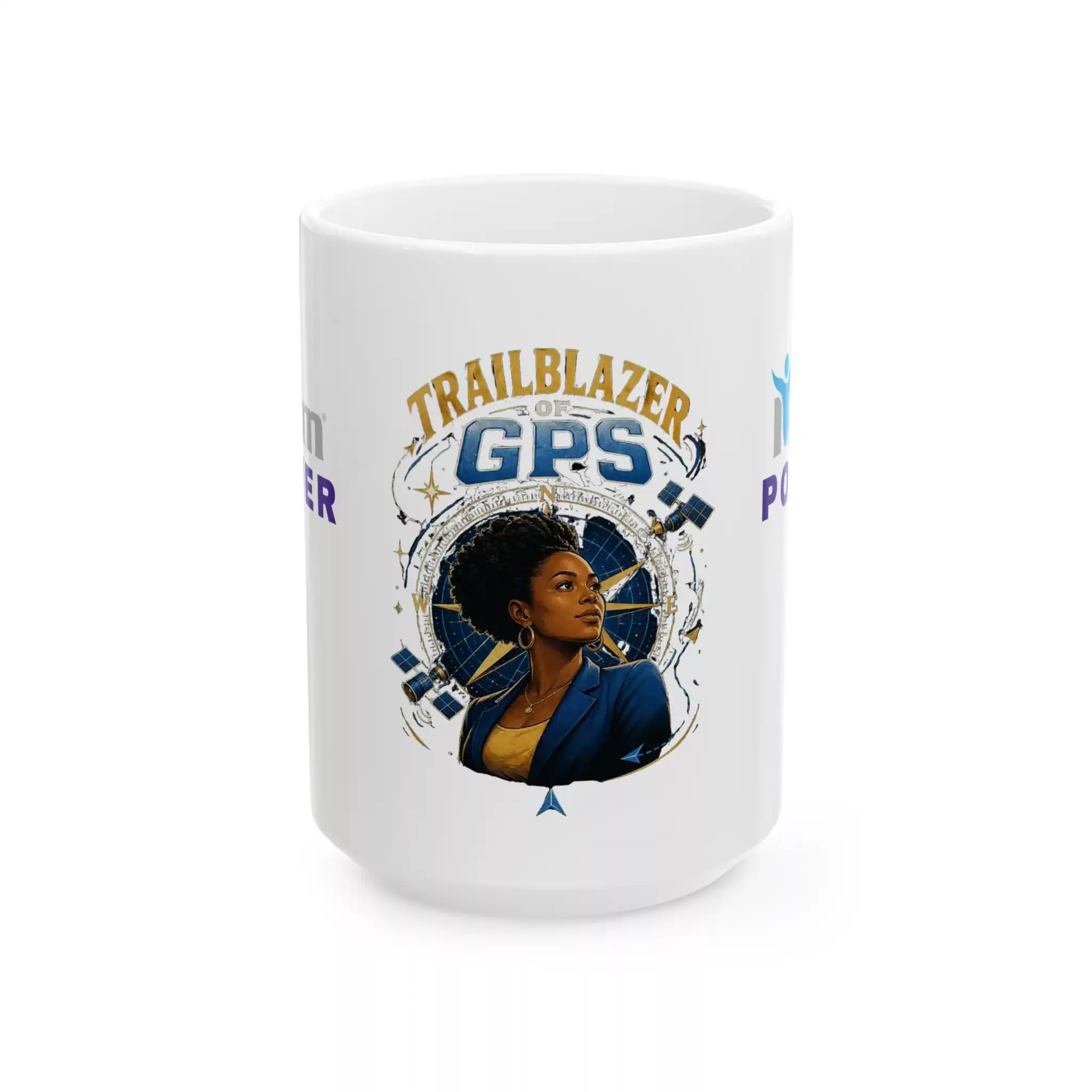 5886252103567825694_2048.webp Trailblazer GPS ceramic mug featuring inspiring Black woman portrait and travel-themed design. Perfe.