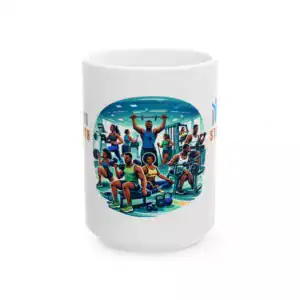 Empowerment-themed ceramic mug with diverse individuals working out, inspired by "I Am Strength" mes.