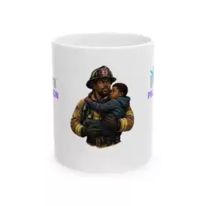 Firefighter holding child ceramic mug, "I Am Protection" theme, 11oz/15oz, firefighter hero, safety,.
