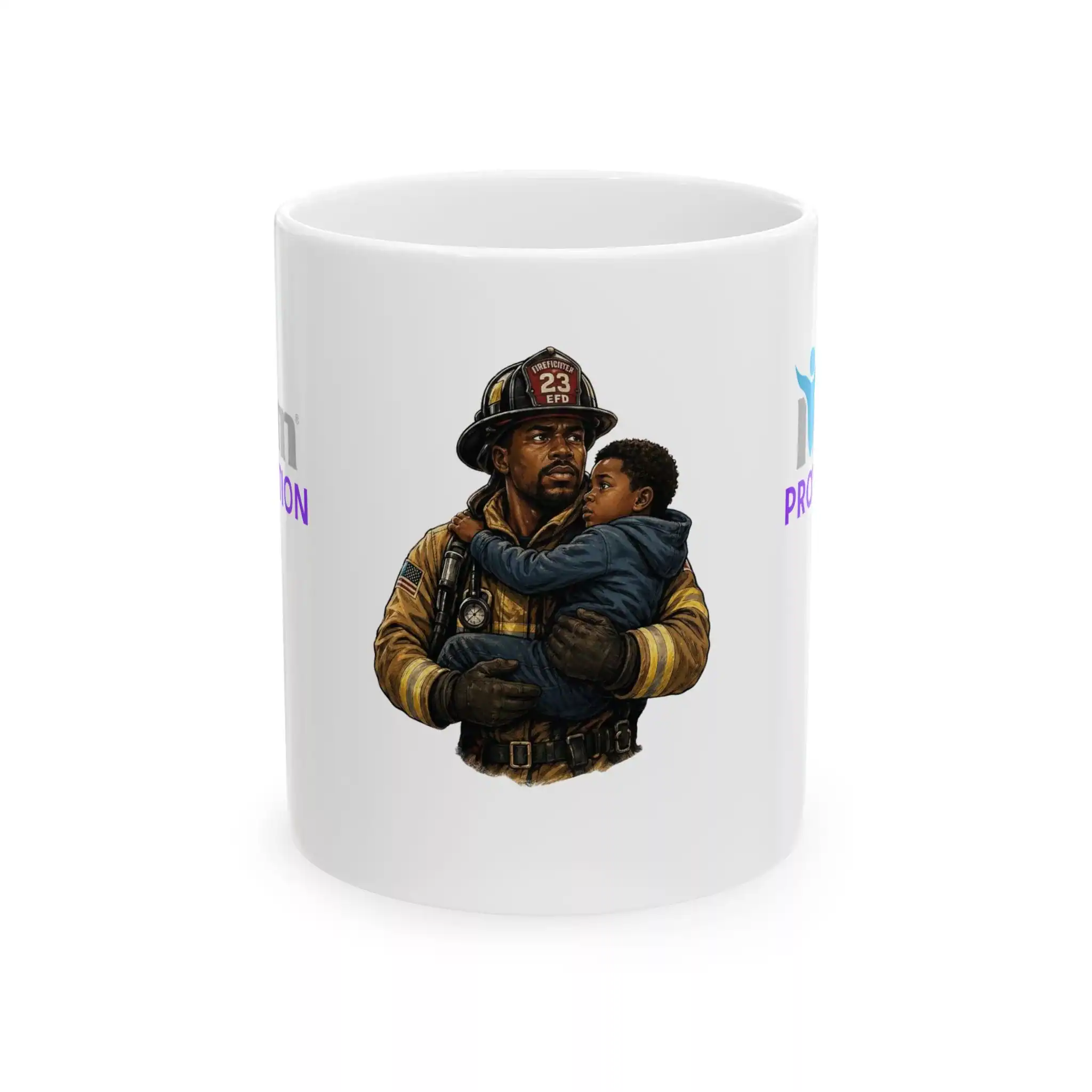7157990579862835134_2048.webp Firefighter holding child ceramic mug, "I Am Protection" theme, 11oz/15oz, firefighter hero, safety,.