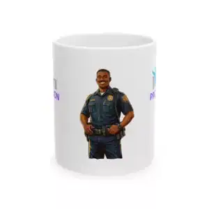 Empowering Community Protector Ceramic Mug with Police Officer Illustration, 11 oz & 15 oz sizes.
