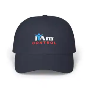 Bold embroidered "I Am Control" logo on a stylish black dad cap, perfect for casual wear and brand p.