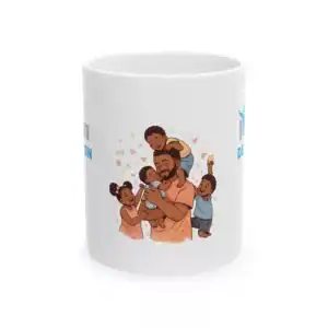 Black father with children graphic ceramic mug celebrating fatherhood and family love.