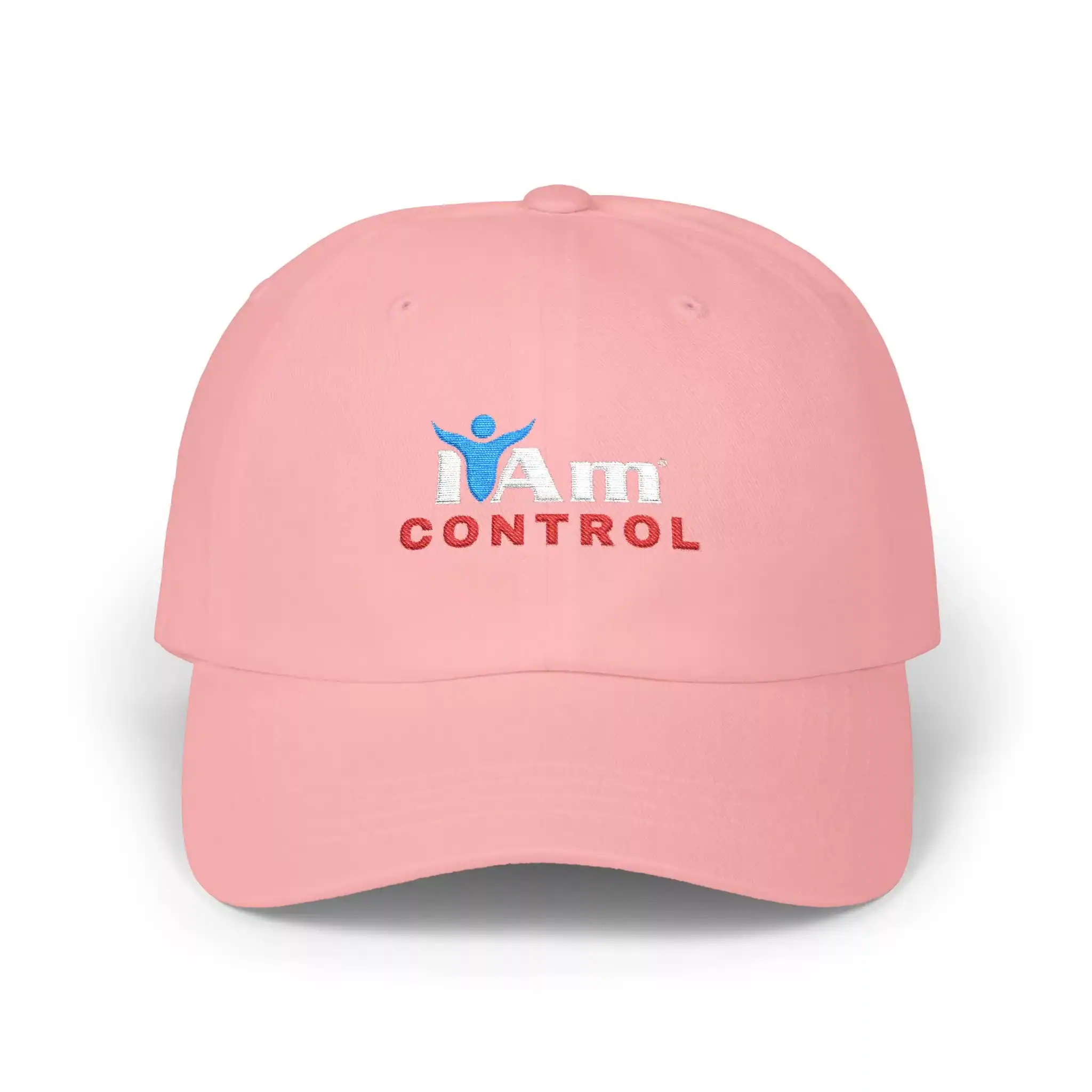 9322644196831549724_2048.webp Bold embroidered "I Am Control" logo on a pink baseball cap, perfect for casual wear and brand promo.