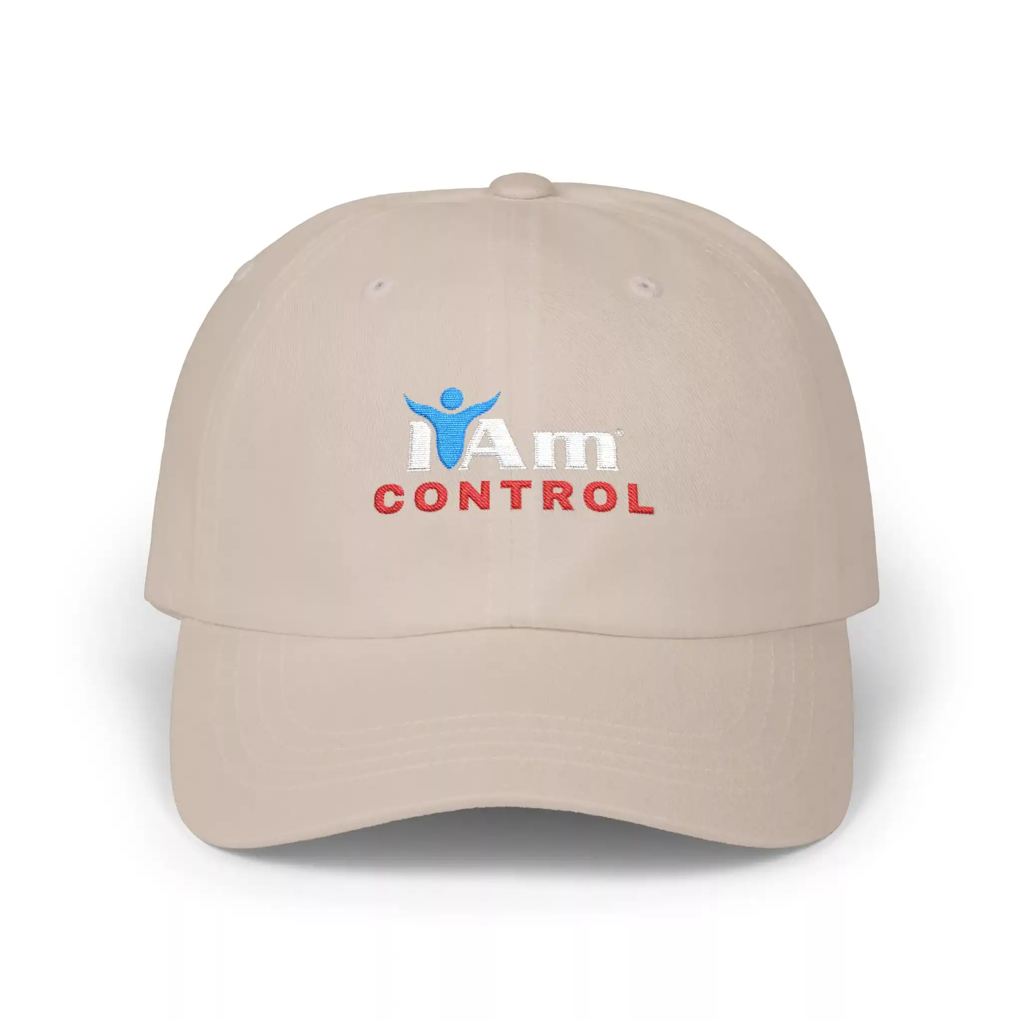 9873605184734795121_2048.webp Bold embroidered "I Am Control" logo on a beige baseball cap, perfect for casual wear and brand prom.