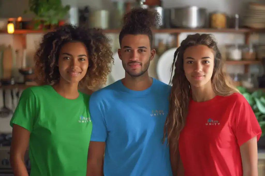 Diverse group of young adults wearing colorful t-shirts in a community kitchen.