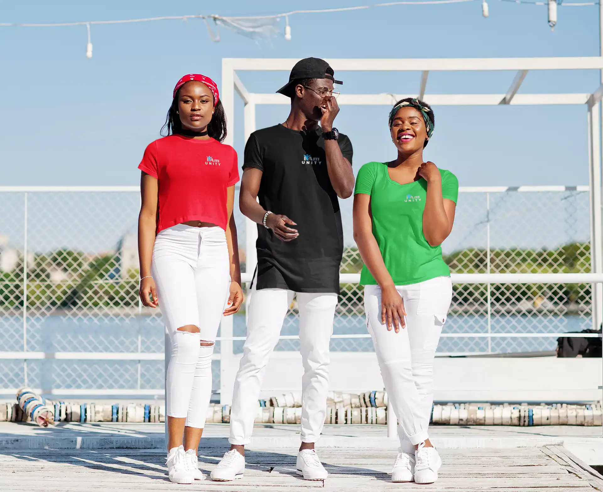 Diverse models wearing trendy casual outfits at marketplace event.