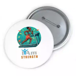 Empowerment badge with a running woman and 'I Am Strength' text for health motivation.