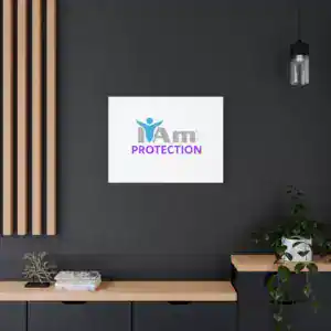 Inspirational wall art with 'I Am Protection' message on a dark wall.