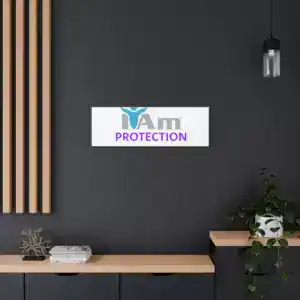 Modern interior with 'I Am Protection' wall art on dark wall.
