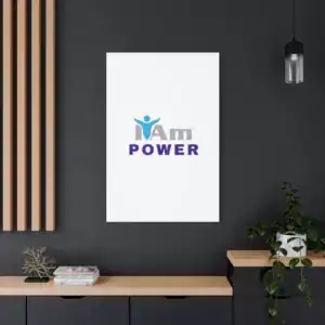 Inspirational wall art with 'I Am Power' message on a white canvas.