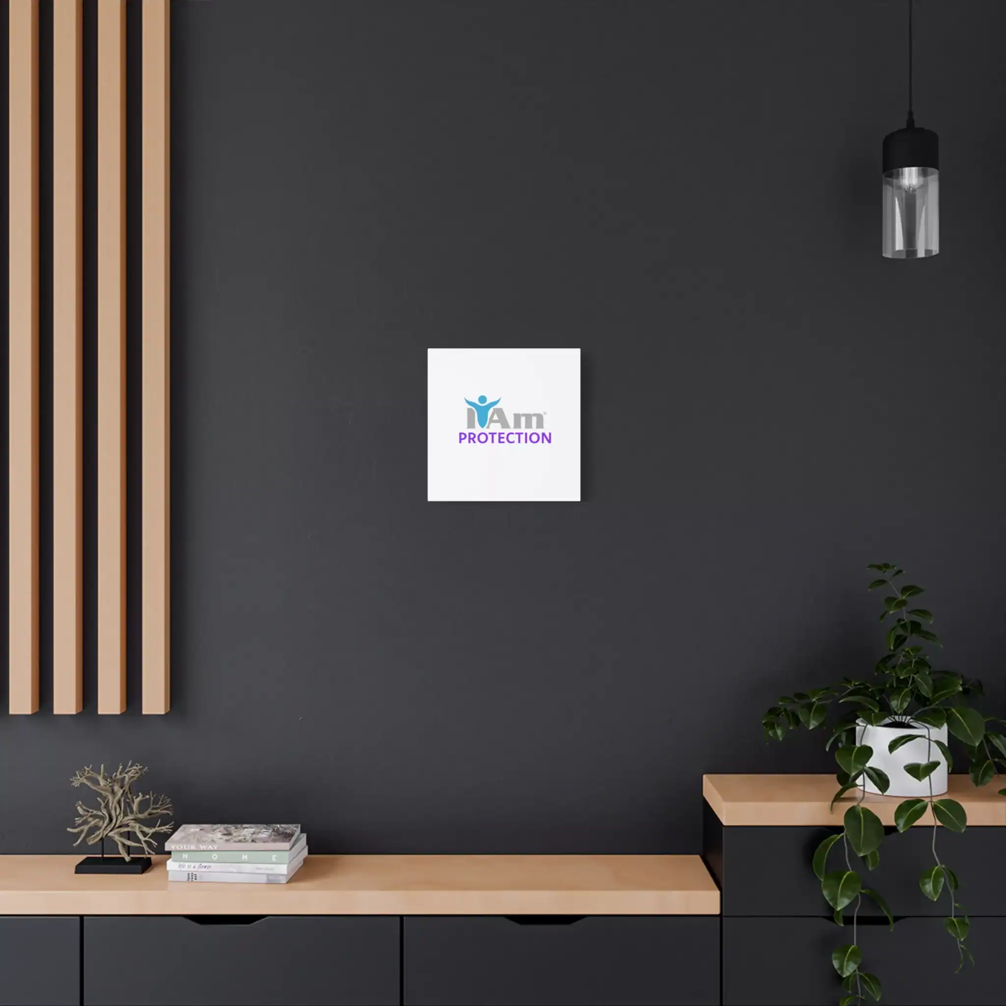 11372487324128541596_2048.webp Protection-themed wall art on a dark gray wall in modern interior.