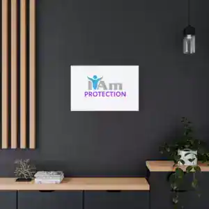 Inspirational wall art with 'I Am Protection' message on a dark wall.