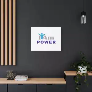 Inspirational wall art with 'I Am Power' message on a dark wall.
