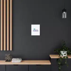 Modern interior with 'I Am Power' canvas wall art on dark gray wall.