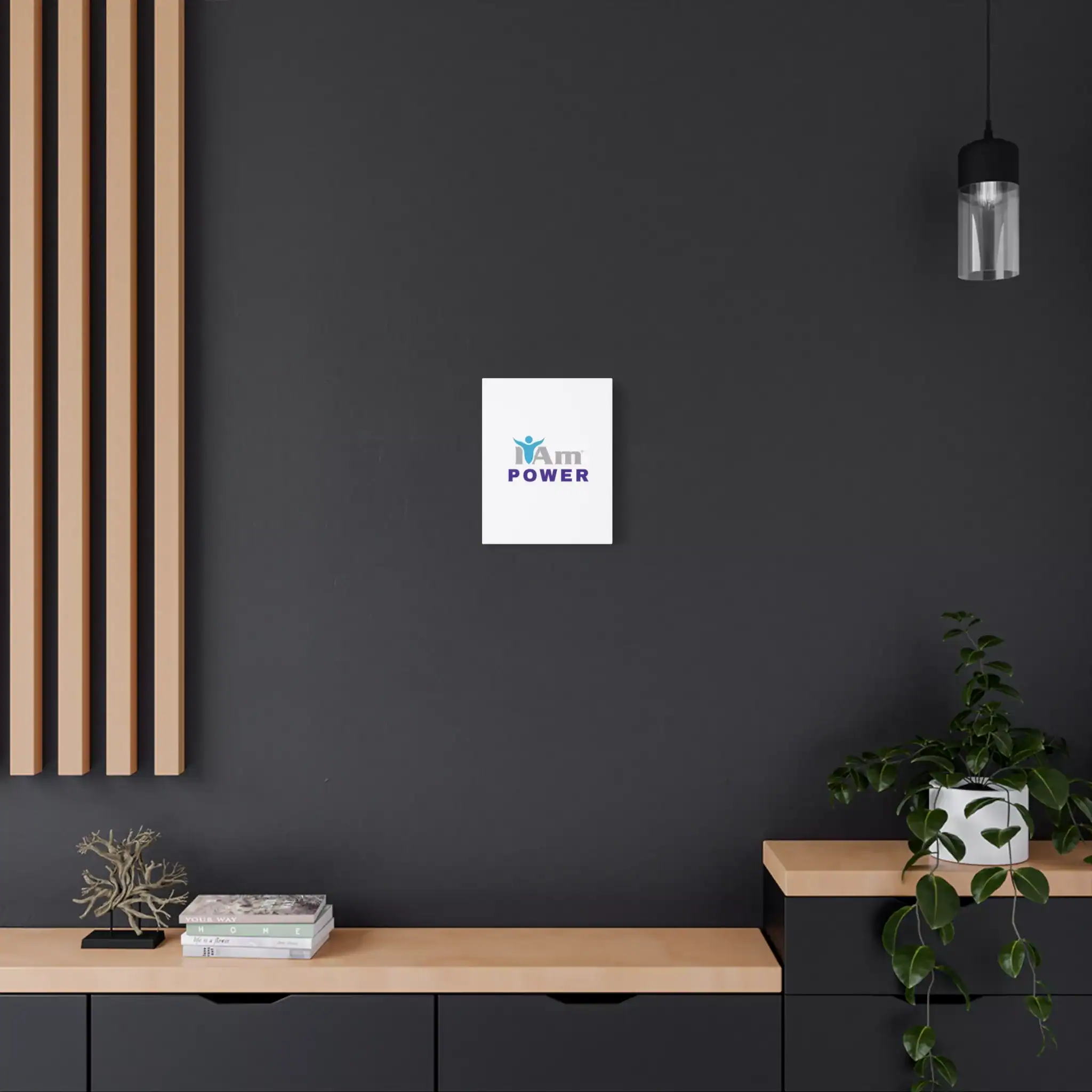12484715575172194926_2048.webp Modern interior with 'I Am Power' canvas wall art on dark gray wall.