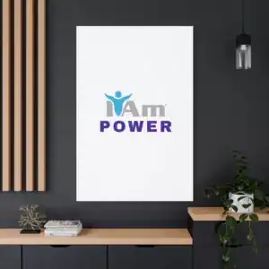 Inspirational wall art with 'I Am Power' message on a white canvas.