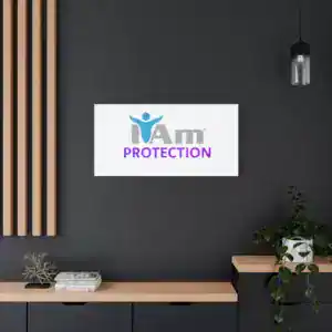 Inspirational wall art with 'I Am Protection' message on a dark wall.