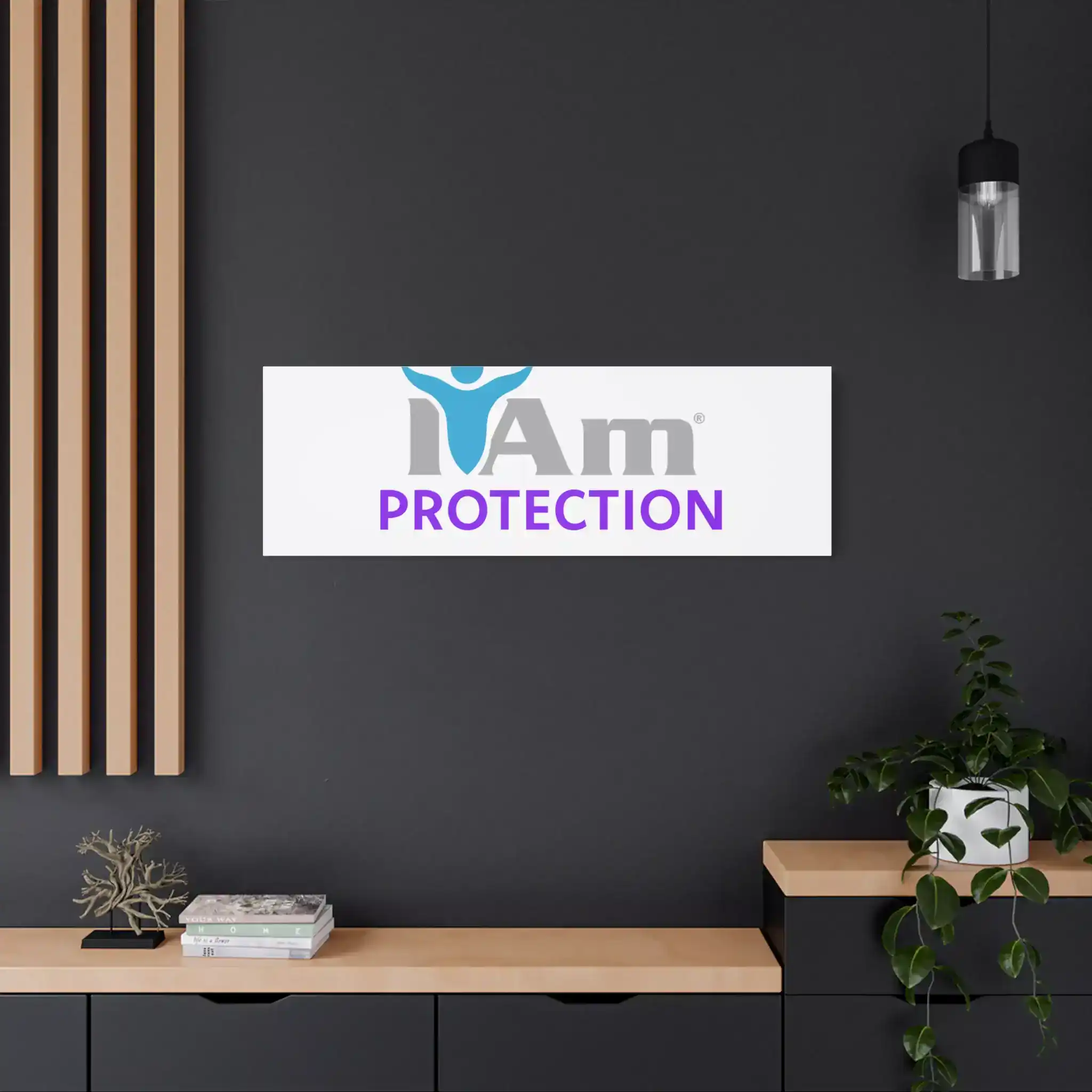 13146890420406812333_2048.webp Office wall with 'I Am Protection' logo and modern decor.