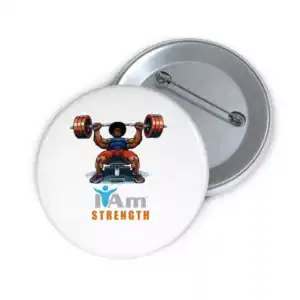 Empowerment badge with weightlifter illustration and 'I Am Strength' text.