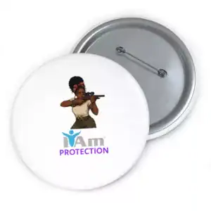 Empowerment badge with a woman aiming a rifle, symbolizing protection and advocacy.