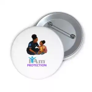 Protection badge pin with image of a protector and child for empowerment.