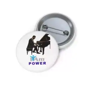 Empowerment badge for performers featuring a pianist and 'I Am Power' text.