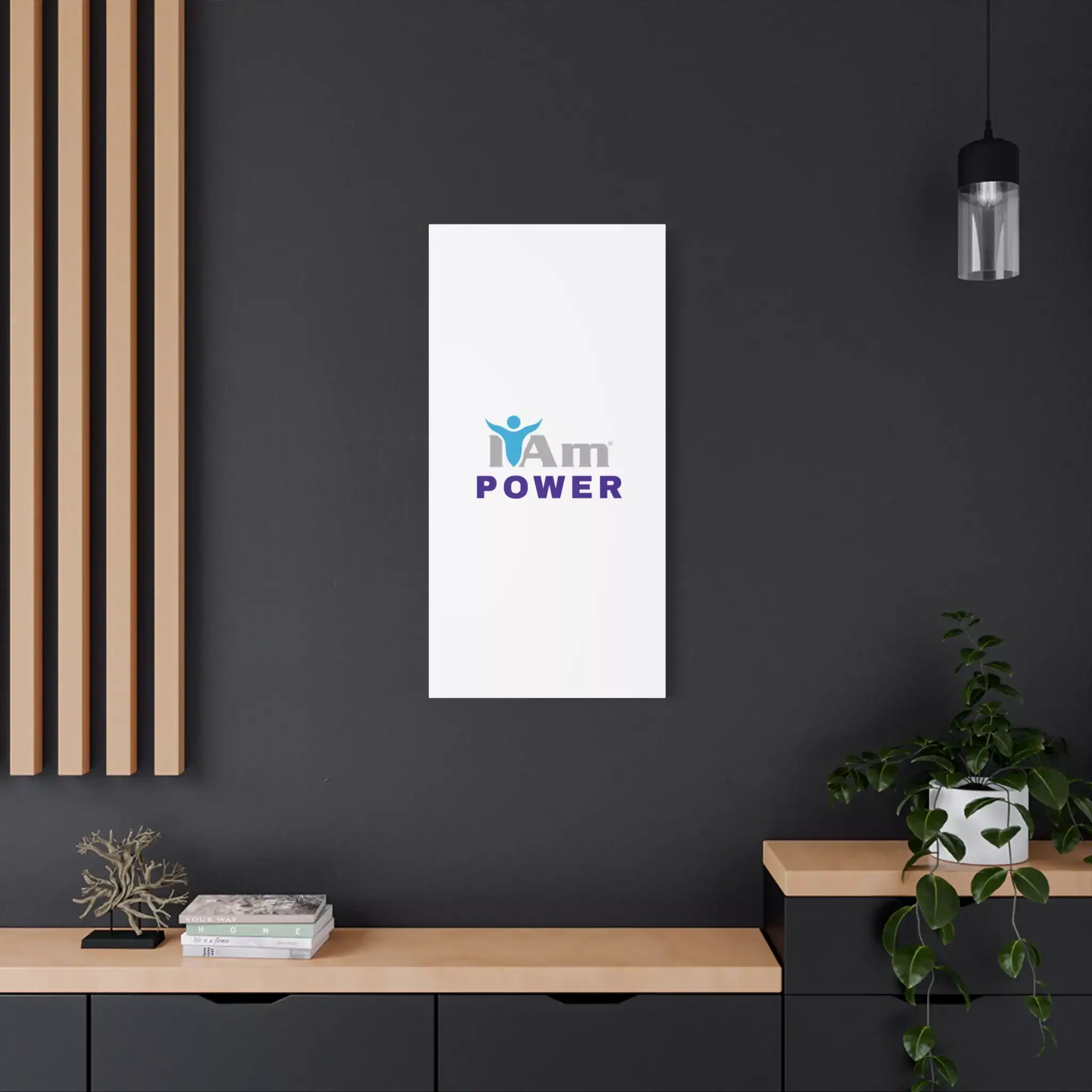 15767878894296698712_2048.webp Inspirational wall art with 'I Am Power' message on a modern dark wall.