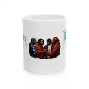 Empowering unity-themed ceramic mug with diverse group of people celebrating together.