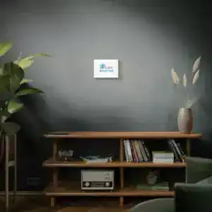 Decorative wall art with 'I Am Devotion' logo in modern living room.