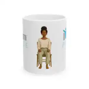 Relaxed woman meditating on a chair, promoting inner peace and success, printed on a ceramic mug.