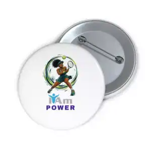 Empowerment badge with tennis player illustration and 'I Am Power' text.