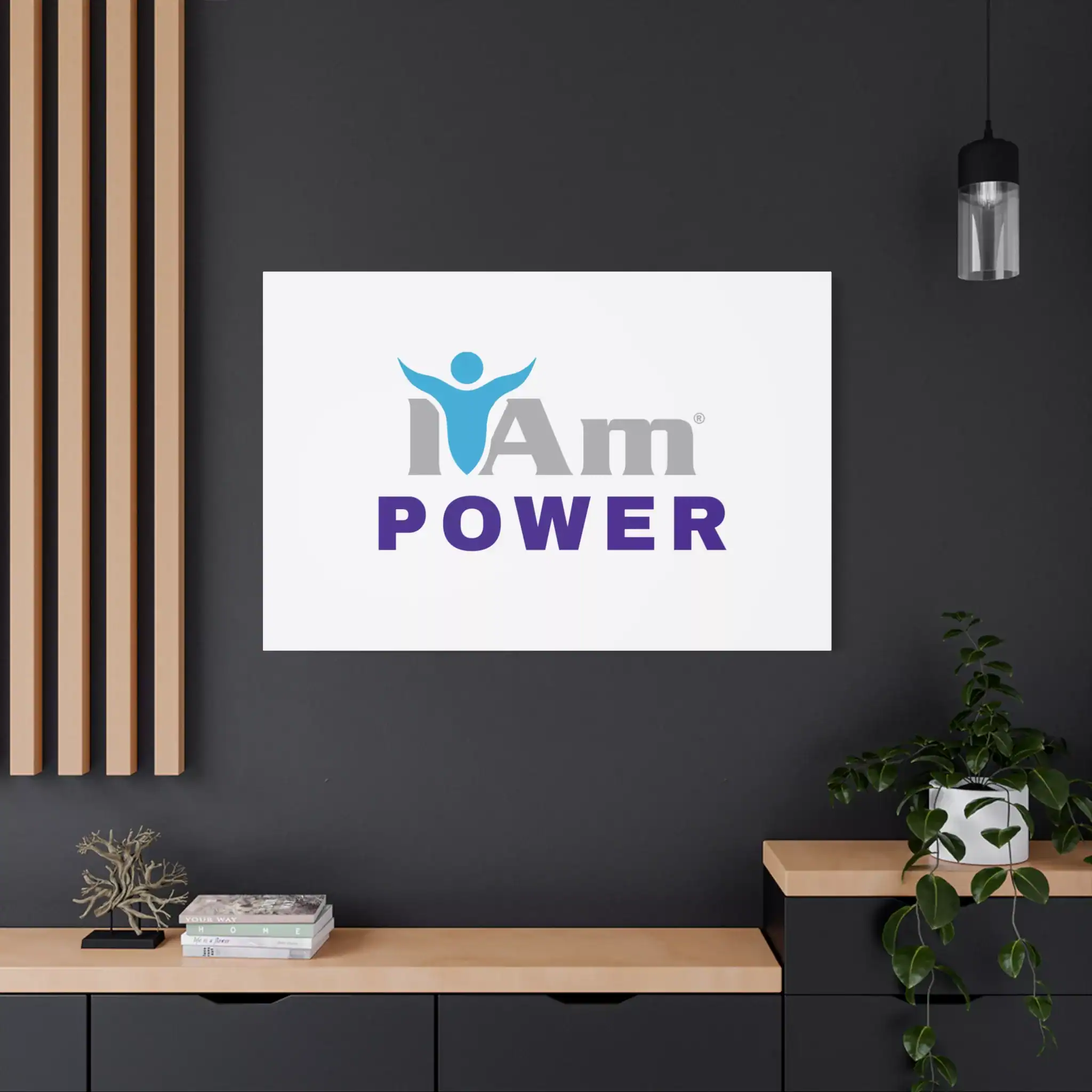 17035969690873717253_2048.webp Inspirational wall art with 'I Am Power' message on a modern dark wall.